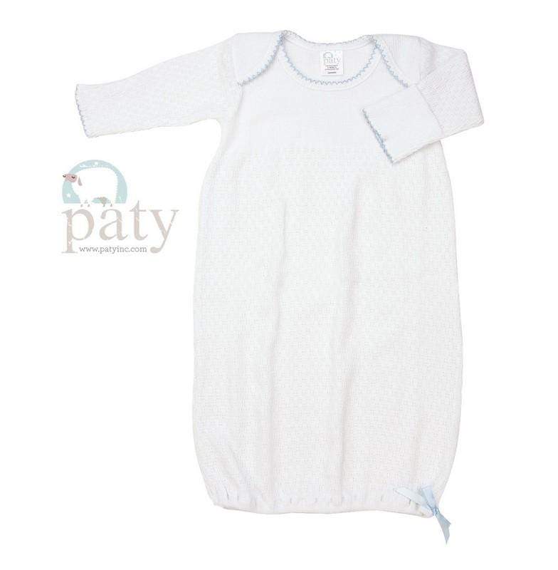 Paty Clothing - Infant Paty Lap/Shoulder Gown for Newborn - White with Blue Trim