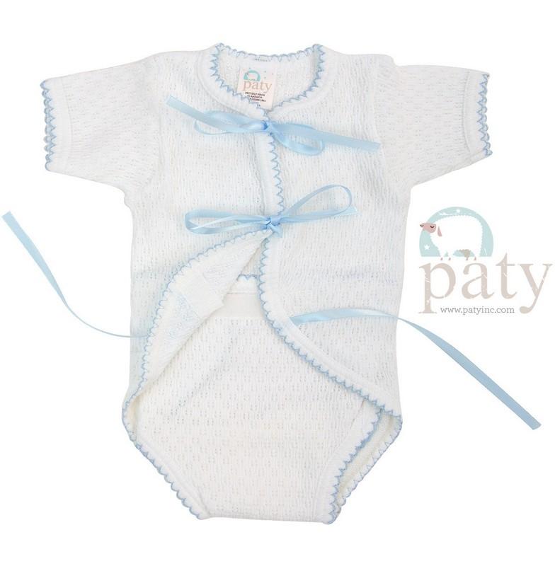 Paty Clothing - Infant Paty Newborn Creeper with Ribbon Ties - White with Blue Trim