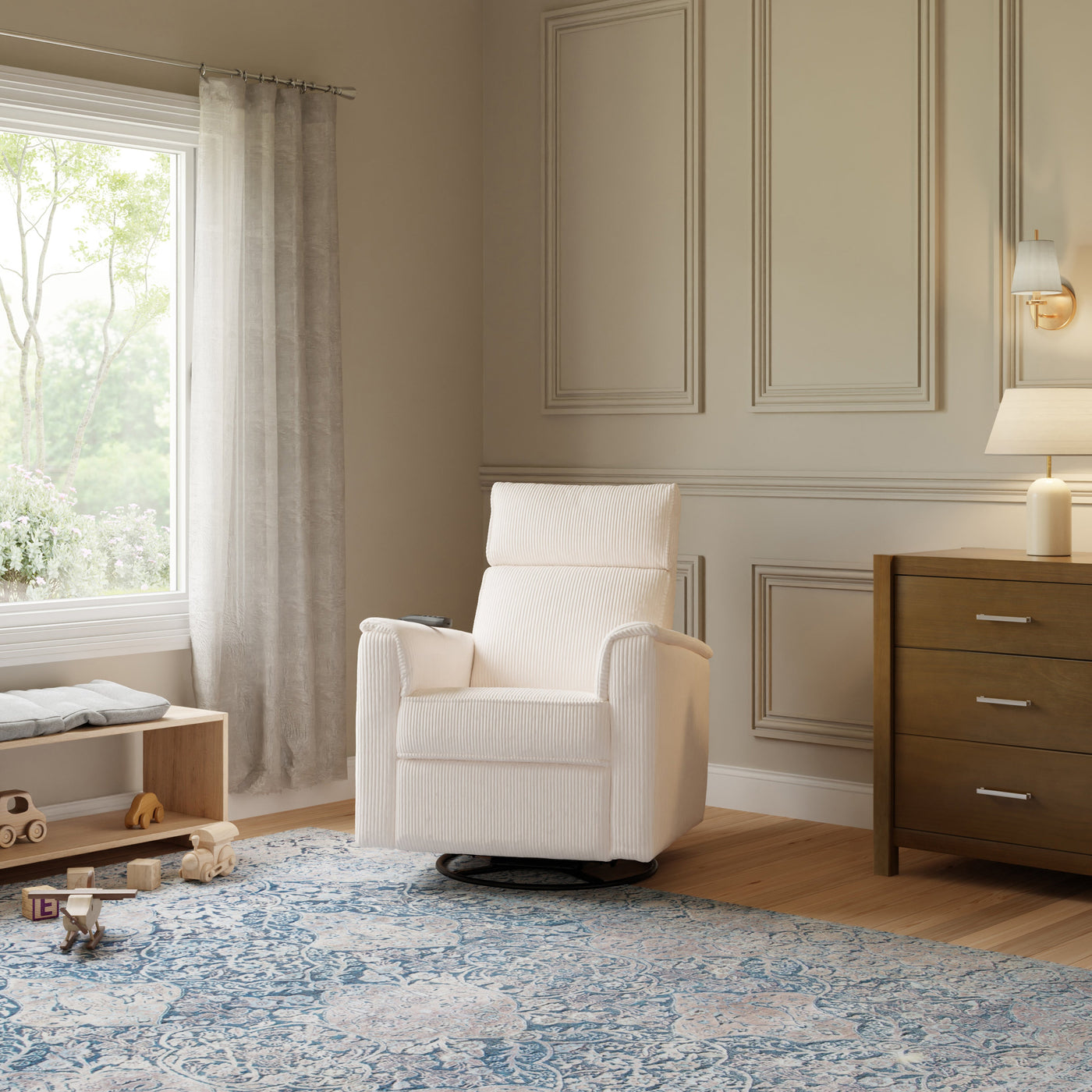 Monogram by Namesake Willa Deluxe Power Recliner and Swivel Glider with Heat + Massage | Ivory Corduroy | EXCLUSIVE!