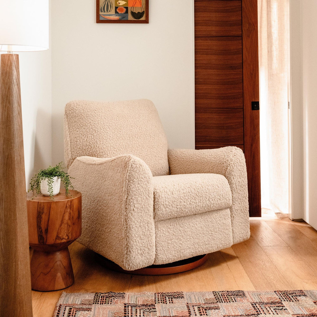 Babyletto Gliders & Rockers Chai Shearling with Dark Wood Base Babyletto Sunday Power Recliner and Swivel Glider in Shearling