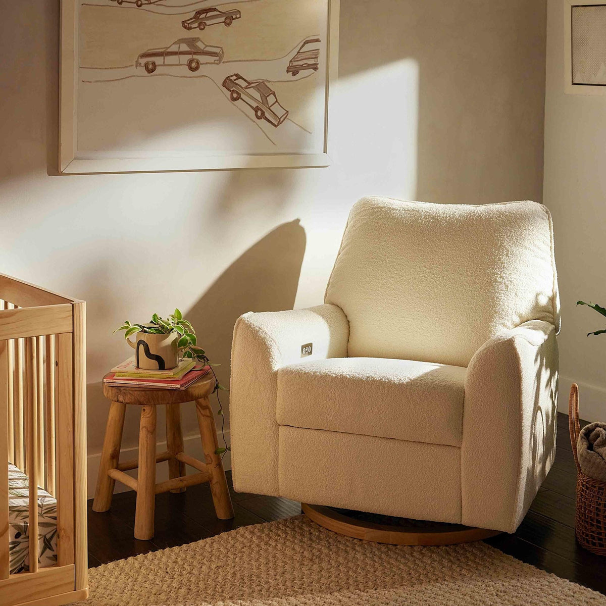 Babyletto Gliders & Rockers Chantilly Fleece with Light Wood Base Babyletto Sunday Power Recliner and Swivel Glider