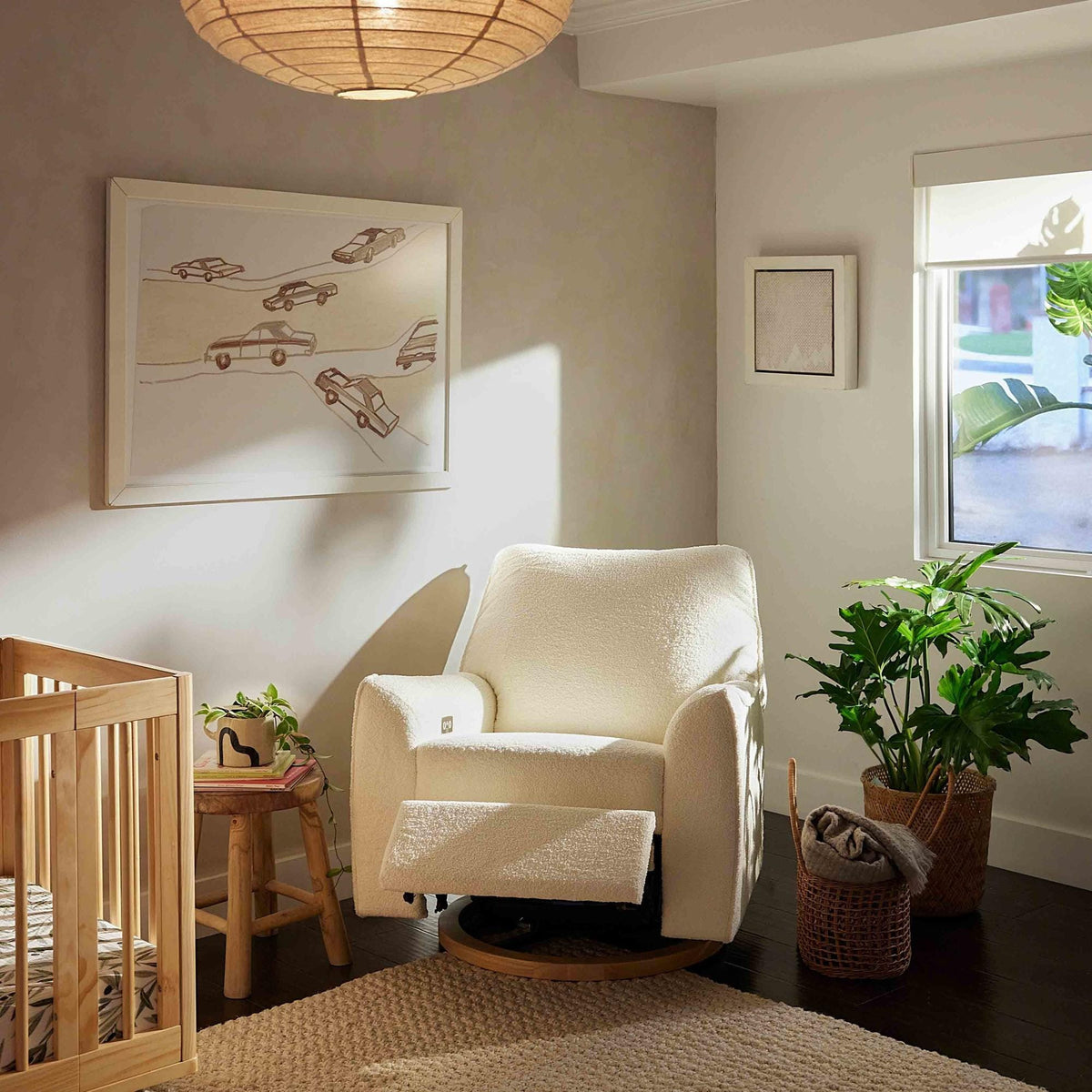 Babyletto Gliders & Rockers Chantilly Fleece with Light Wood Base Babyletto Sunday Power Recliner and Swivel Glider