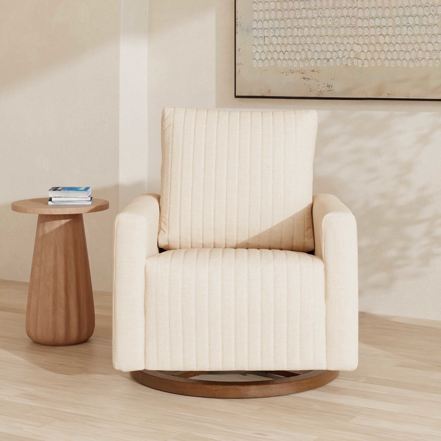 Babyletto Gliders & Rockers Performance Cream Eco-Weave with Dark Wood Base Babyletto Poe Channeled Swivel Glider in Eco-Performance Fabric | Water Repellent & Stain Resistant
