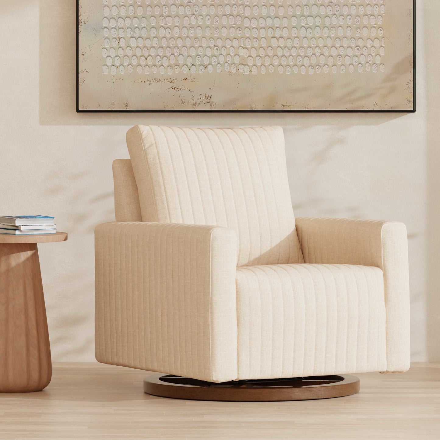 Babyletto Gliders & Rockers Performance Cream Eco-Weave with Dark Wood Base Babyletto Poe Channeled Swivel Glider in Eco-Performance Fabric | Water Repellent & Stain Resistant