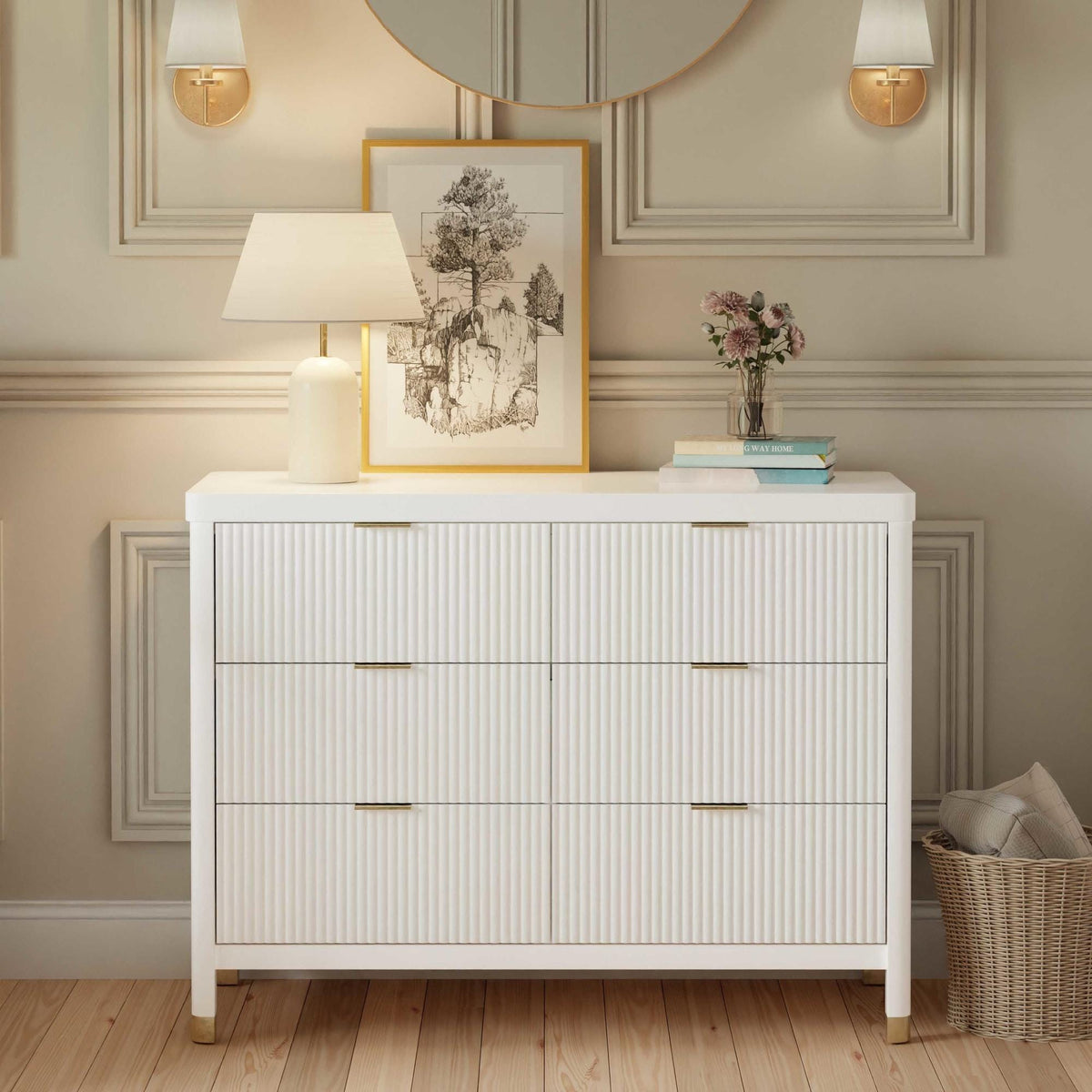 Namesake Dressers Warm White Namesake Brimsley Tambour 6-Drawer Dresser