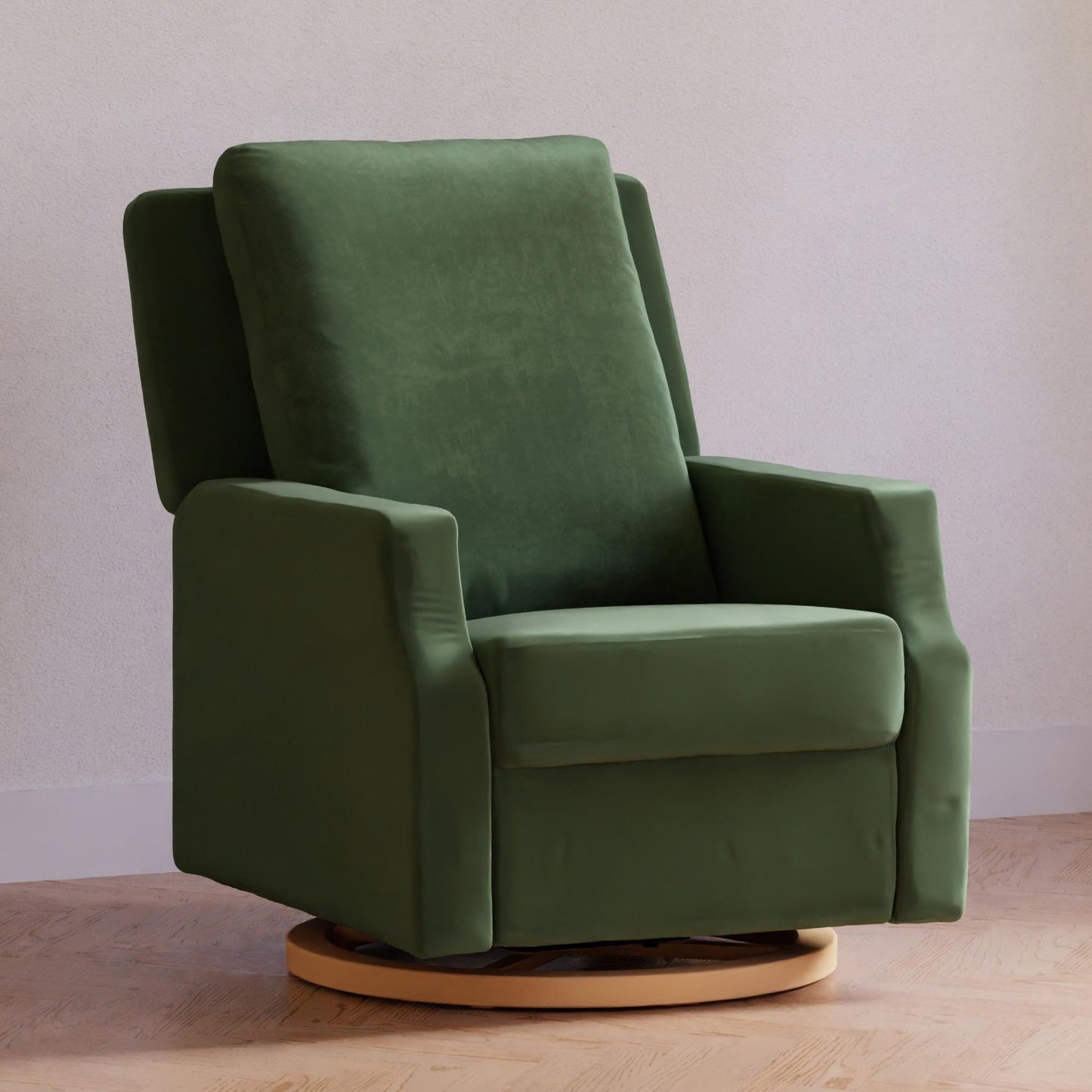 Namesake Gliders & Rockers Forest Green Velvet with Light Wood Base Namesake Crewe Electronic Recliner and Swivel Glider