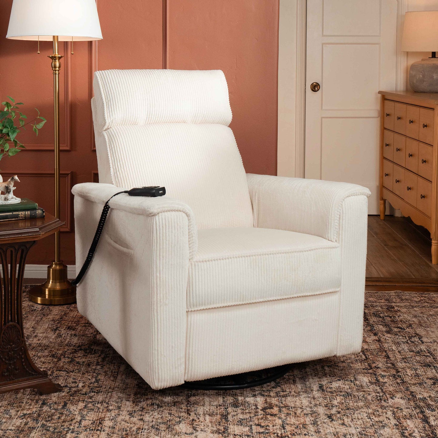 Namesake Gliders & Rockers Ivory Corduroy Monogram by Namesake Willa Deluxe Power Recliner and Swivel Glider with Heat + Massage | Ivory Corduroy