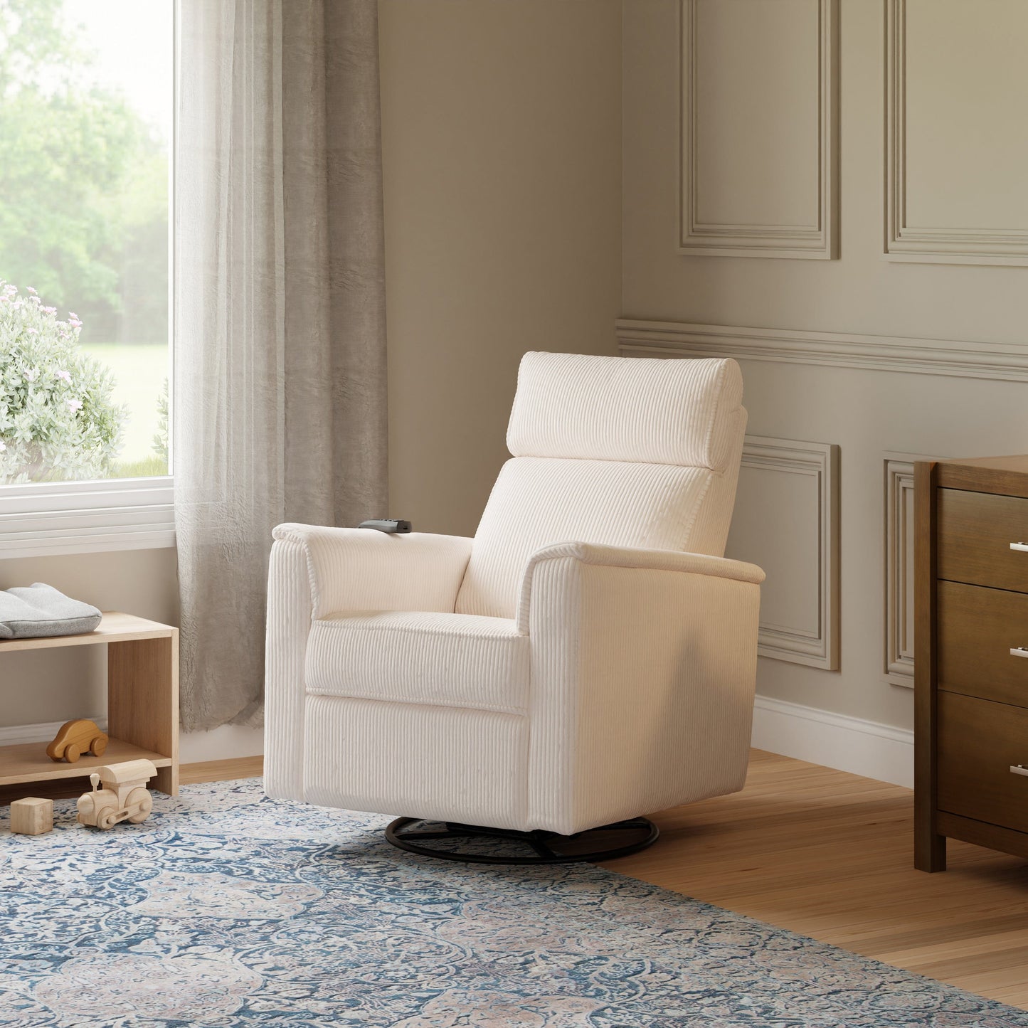 Namesake Gliders & Rockers Ivory Corduroy Monogram by Namesake Willa Deluxe Power Recliner and Swivel Glider with Heat + Massage | Ivory Corduroy