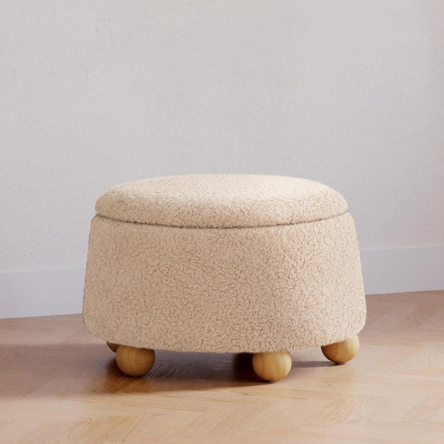 Namesake Ottomans Chai Shearling with Honey Ball Feet Namesake Tuffet Storage Ottoman