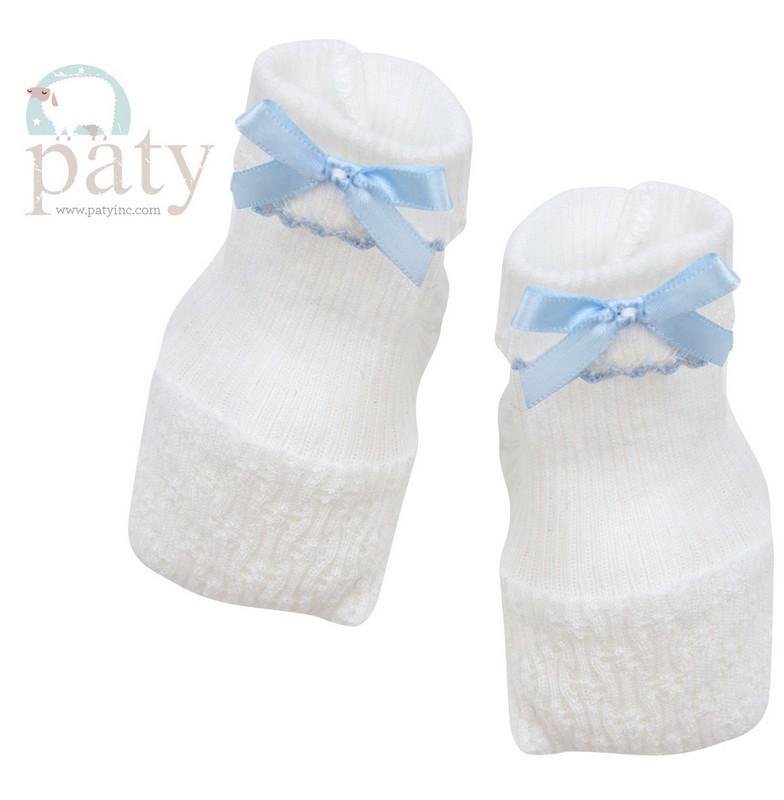 Paty Clothing - Infant Paty Booties for Newborn - White with Blue Trim