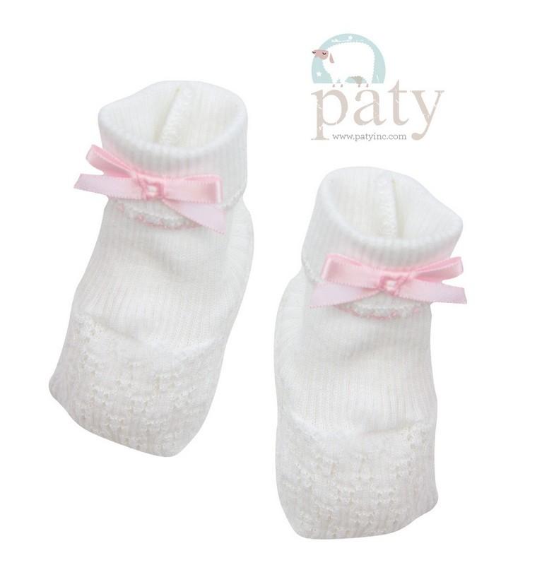 Paty Clothing - Infant Paty Booties for Newborn - White with Pink Trim