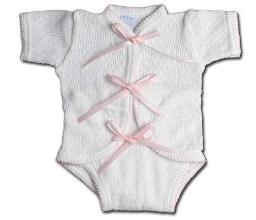 Paty Clothing - Infant Paty Newborn Creeper with Ribbon Ties - White with Pink Trim